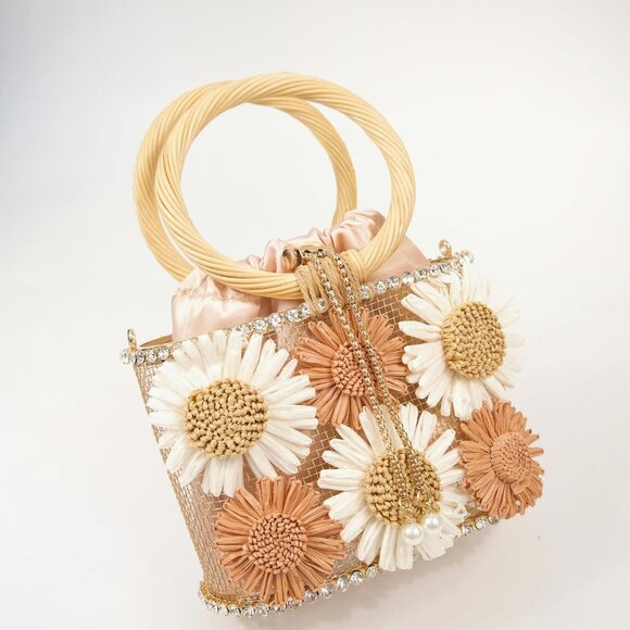 ⚡ Women's Brown White Flower Shaped Rhinestone Metallic Bucket Crossbody Bag - Picture 6 of 8